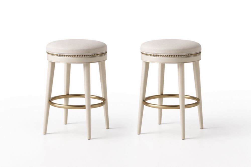 Set of 2 Beige Upholstered Counter Stools with Gold Nailhead Trim