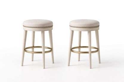 Set of 2 Beige Upholstered Counter Stools with Gold Nailhead Trim