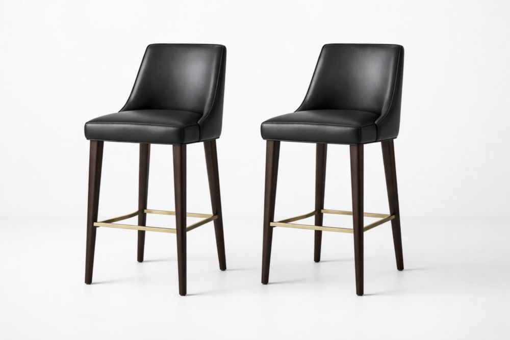 Set of 2 Black PU Leather Bar Stools with Wood Legs and Brass Footrest