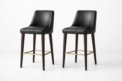 Set of 2 Black PU Leather Bar Stools with Wood Legs and Brass Footrest