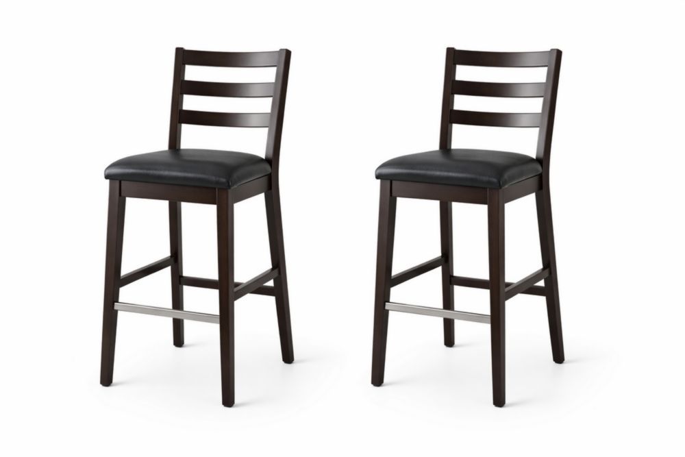 Set of 2 Wooden Bar Stools with Black Leatherette Seats