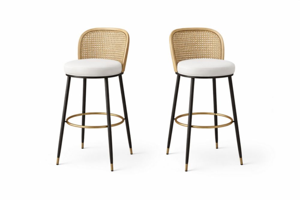 Set of 2 Rattan Back Swivel Bar Stools with Cushioned Seats and Metal Frame