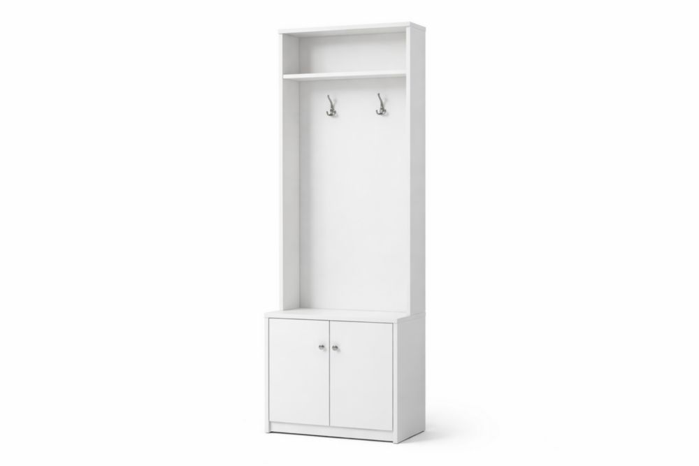 White MDF Hall Tree with Storage Cabinet and Metal Hooks