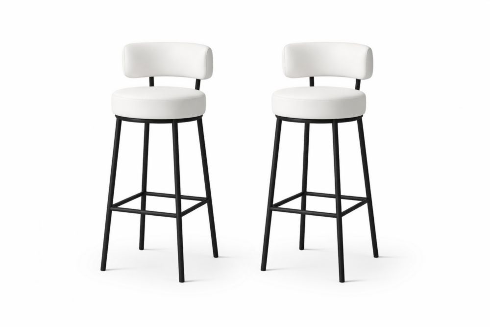 White Upholstered Bar Stools Set with Metal Frame