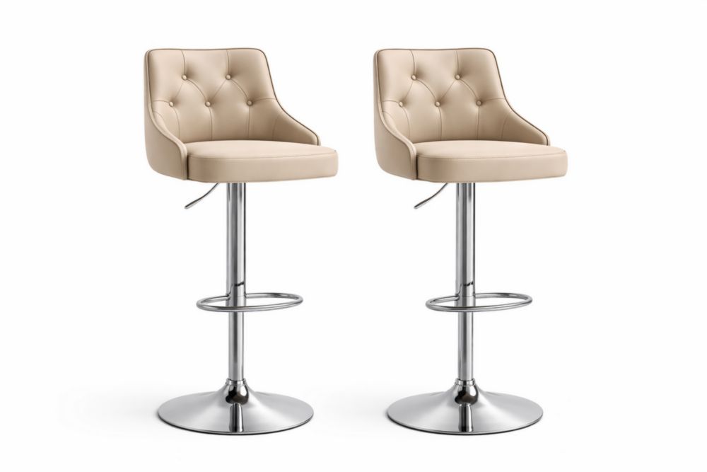 Set of 2 Adjustable Swivel Bar Stools with PU Leather and Chrome Base Beige