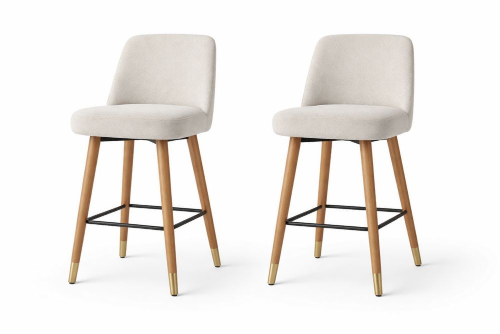 Set of 2 Upholstered Beige Counter Stools with Wood Legs and Metal Footrest
