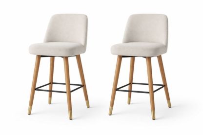 Set of 2 Upholstered Beige Counter Stools with Wood Legs and Metal Footrest
