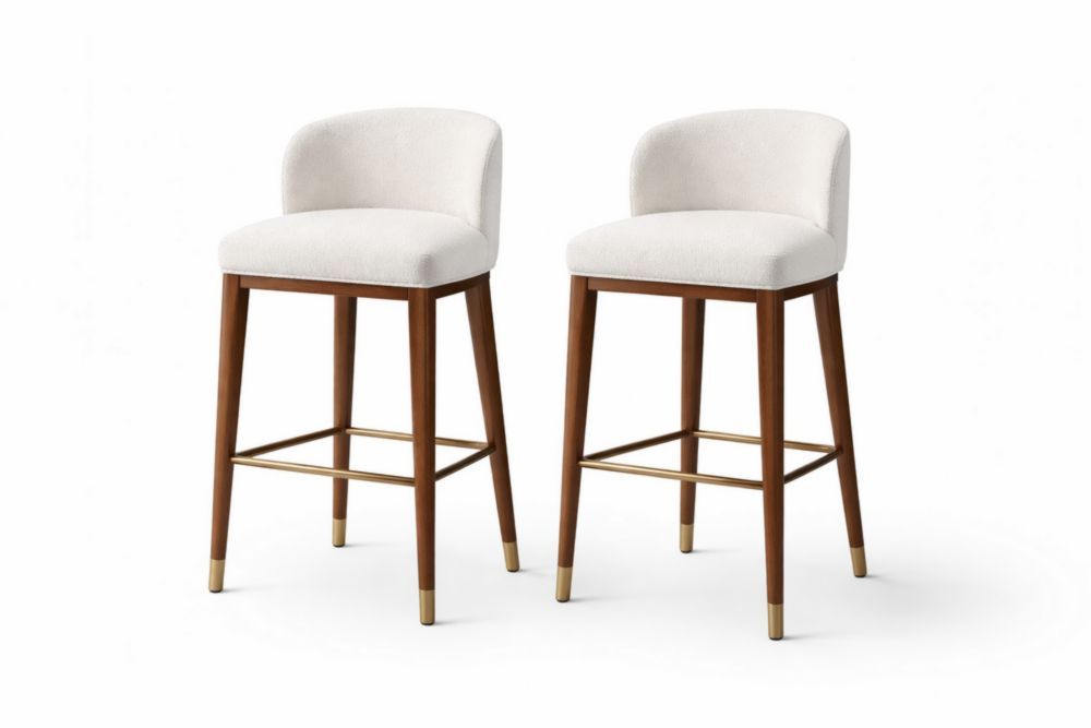 Set of 2 Bar Stools with Upholstered Seats Walnut Frame and Brass Accents Beige