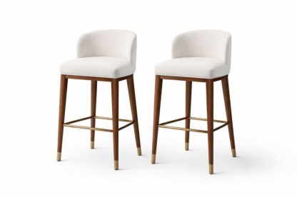 Set of 2 Bar Stools with Upholstered Seats Walnut Frame and Brass Accents Beige