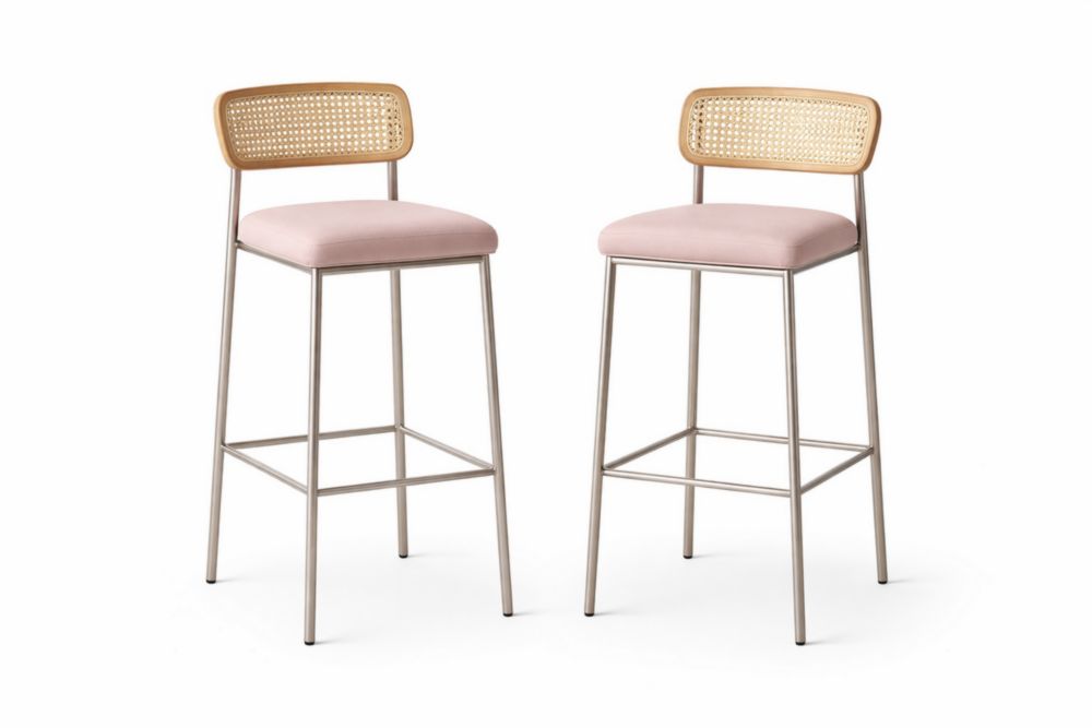 Set of 2 Cane Back Bar Stools with Pink Upholstered Seats and Metal Frame