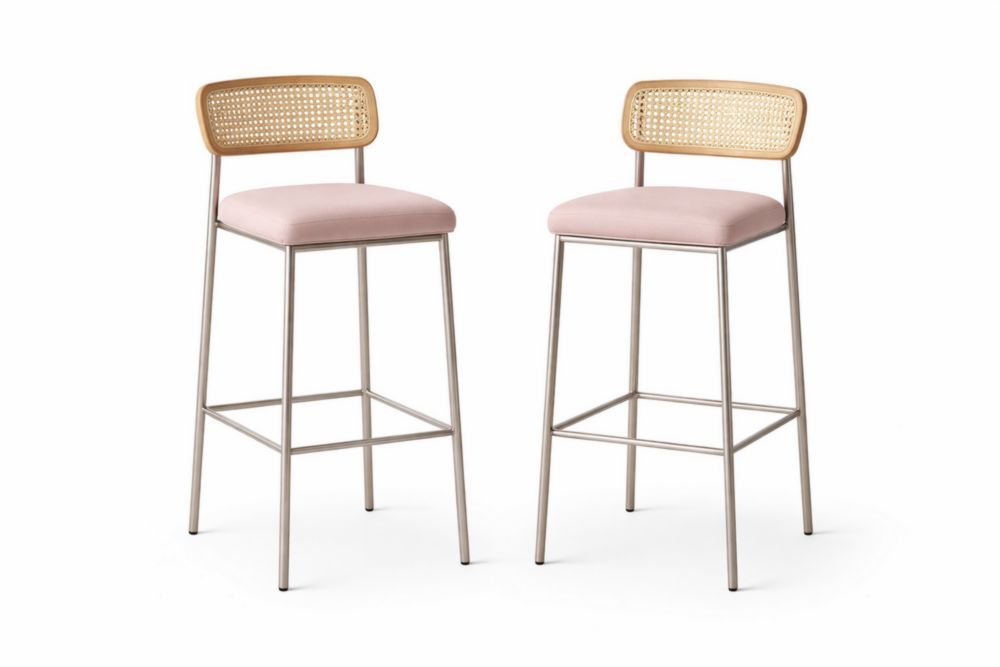 Set of 2 Cane Back Bar Stools with Pink Upholstered Seats and Metal Frame