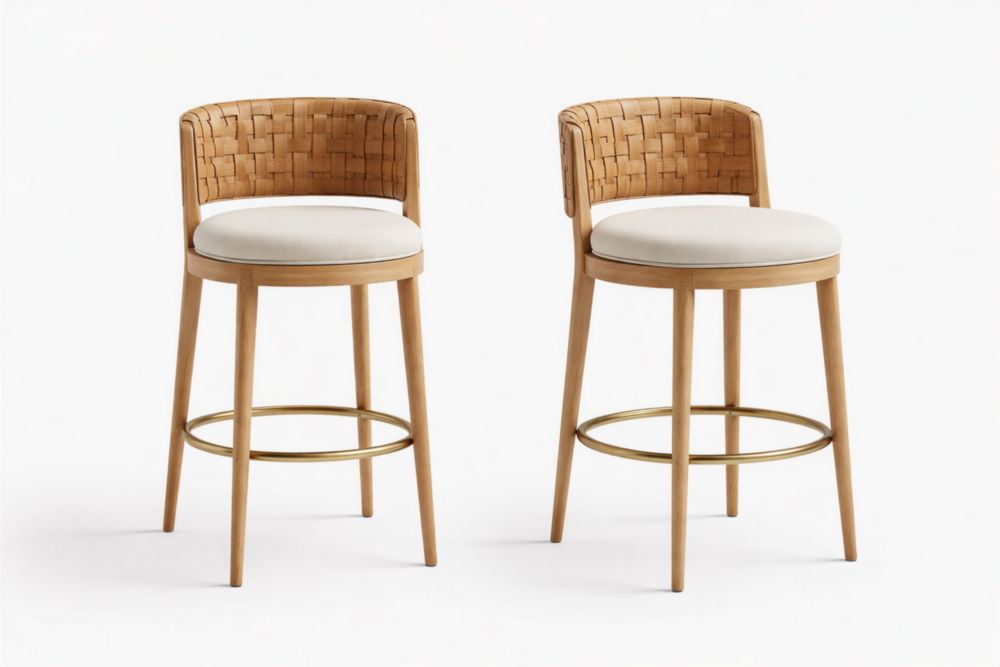 Wooden Counter Stools Set with Woven Backrest and Polyester Seat Beige