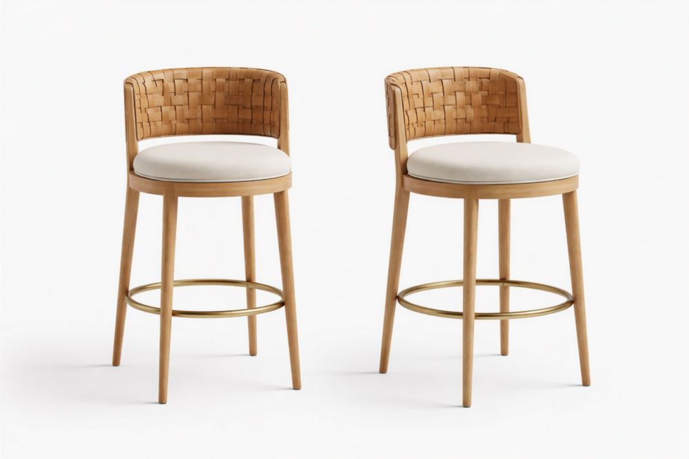 Wooden Counter Stools Set with Woven Backrest and Polyester Seat Beige