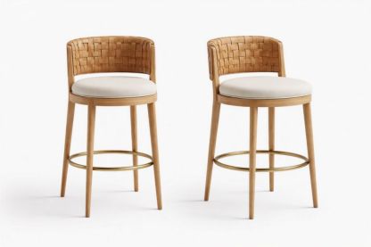 Wooden Counter Stools Set with Woven Backrest and Polyester Seat Beige