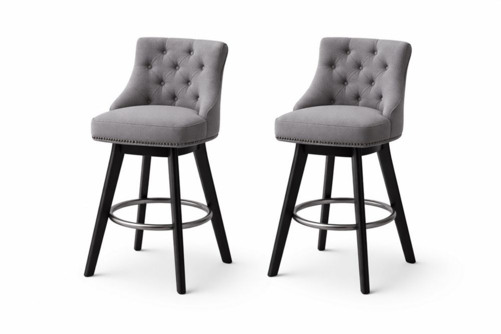 Gray Swivel Bar Stool Set with Upholstered Seats and Button Tufted Backs