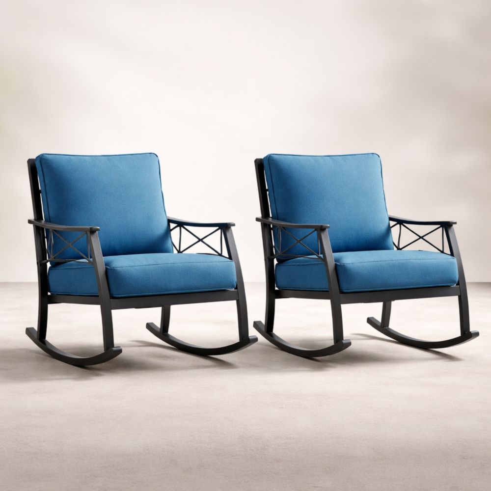 Blue Cushioned Aluminum Outdoor Rocking Chair Set