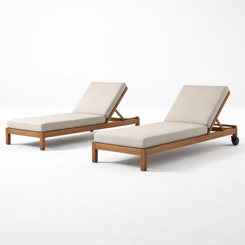 Outdoor Teak Wood Chaise Lounge Set with Adjustable Beige Cushions
