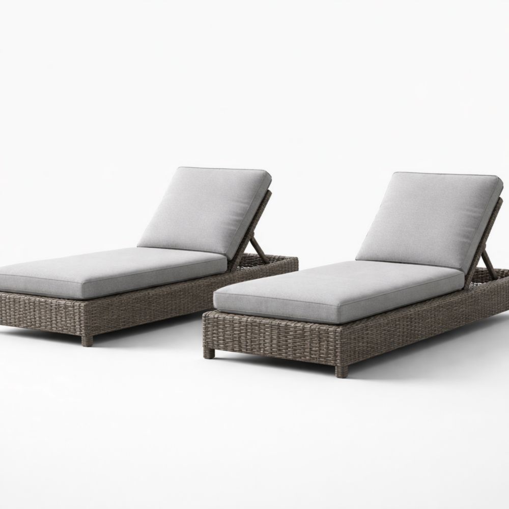 Outdoor Rattan Chaise Lounge Set Adjustable Gray Cushions