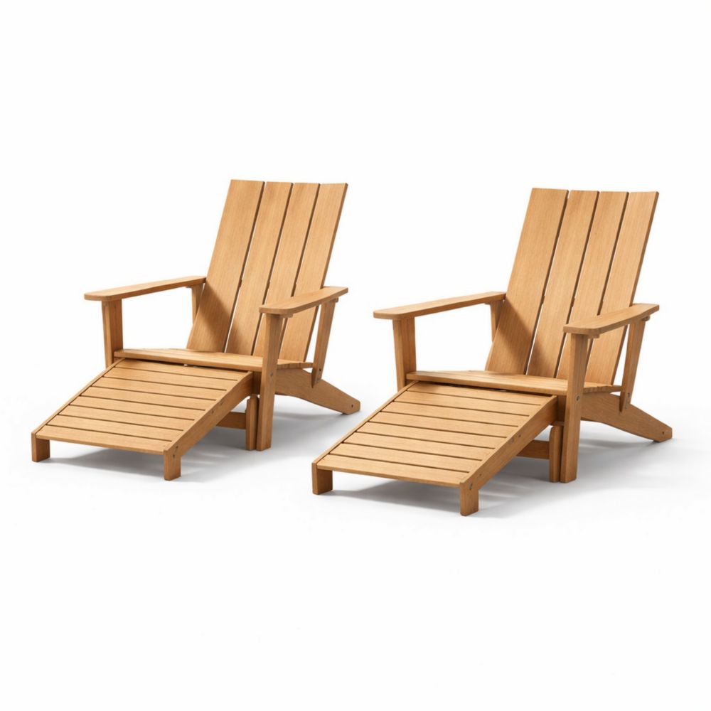 Set of 2 Teak Wood Adirondack Chairs with Ottomans Natural Finish