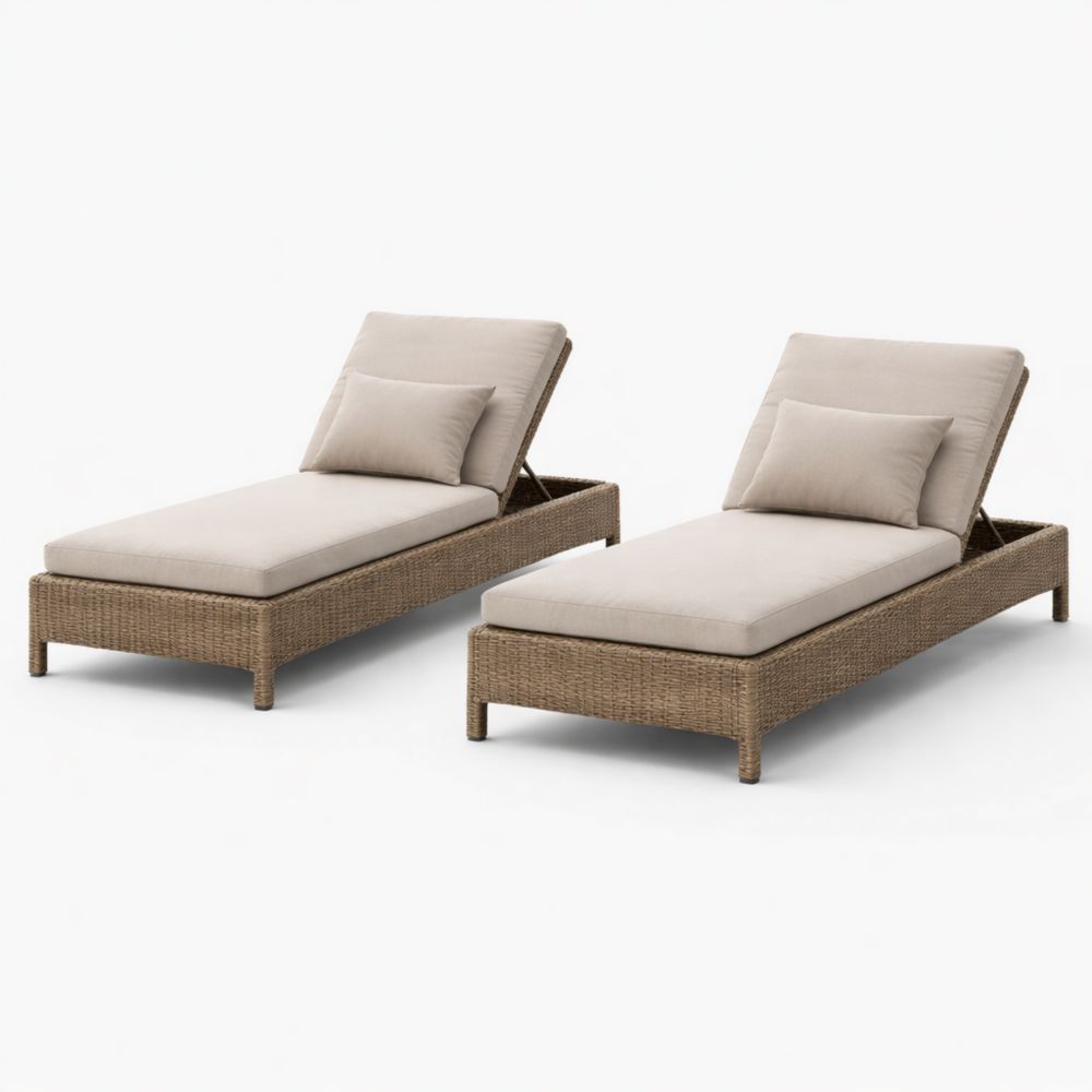 Outdoor Wicker Chaise Lounge Set Beige Cushions Adjustable Backrest