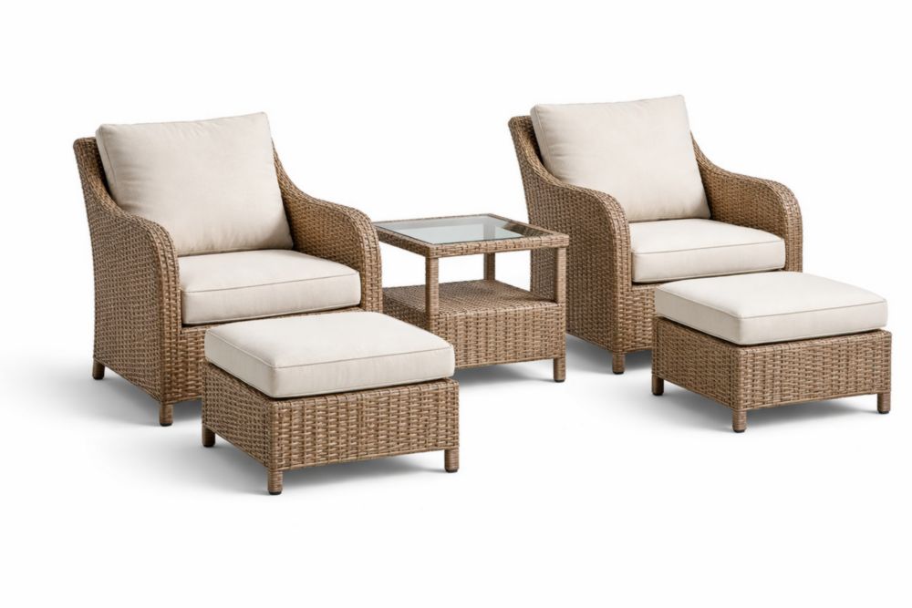 Outdoor Patio 5-Piece Wicker Furniture Set with Cushions and Glass Table