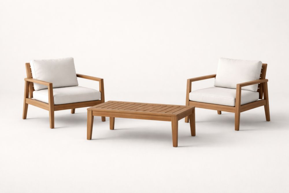 Teak Wood Outdoor Lounge Chair and Coffee Table Set with Cushions