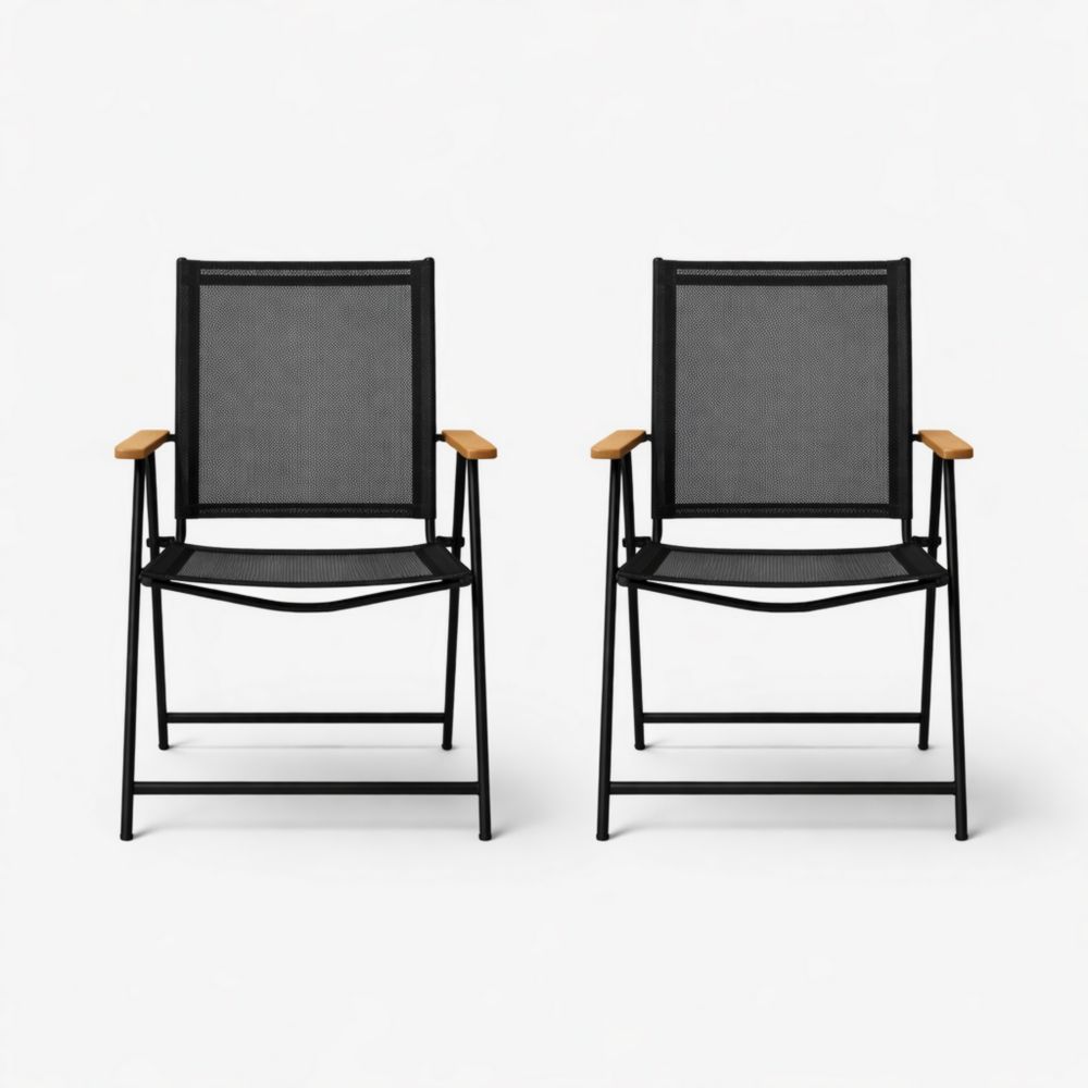 Set of two outdoor armchairs with black Textilene fabric, a steel frame, and wooden armrests