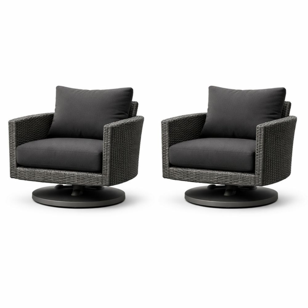 Outdoor swivel rattan armchair set with dark gray cushions