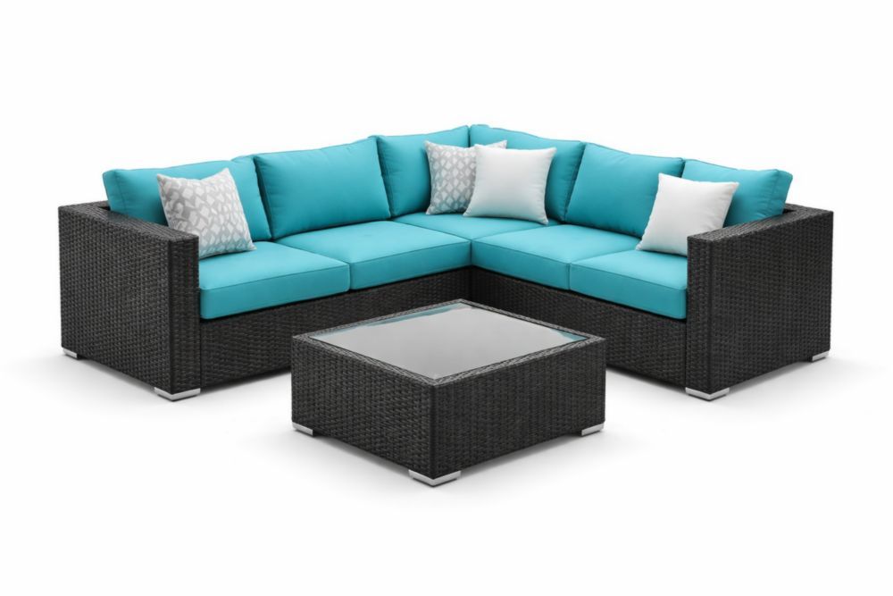 Outdoor Wicker Sectional Sofa Set with Turquoise Cushions and Glass Top Table