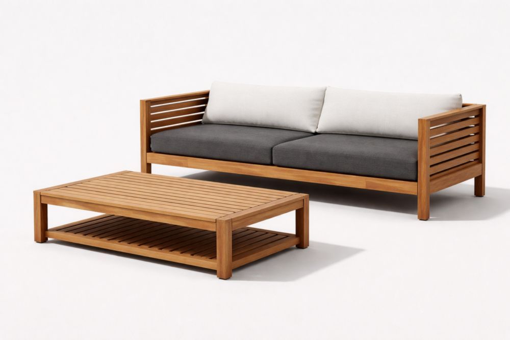 Teak Wood Outdoor Sofa and Coffee Table Set Teak Rectangle Dark Gray White Cushions