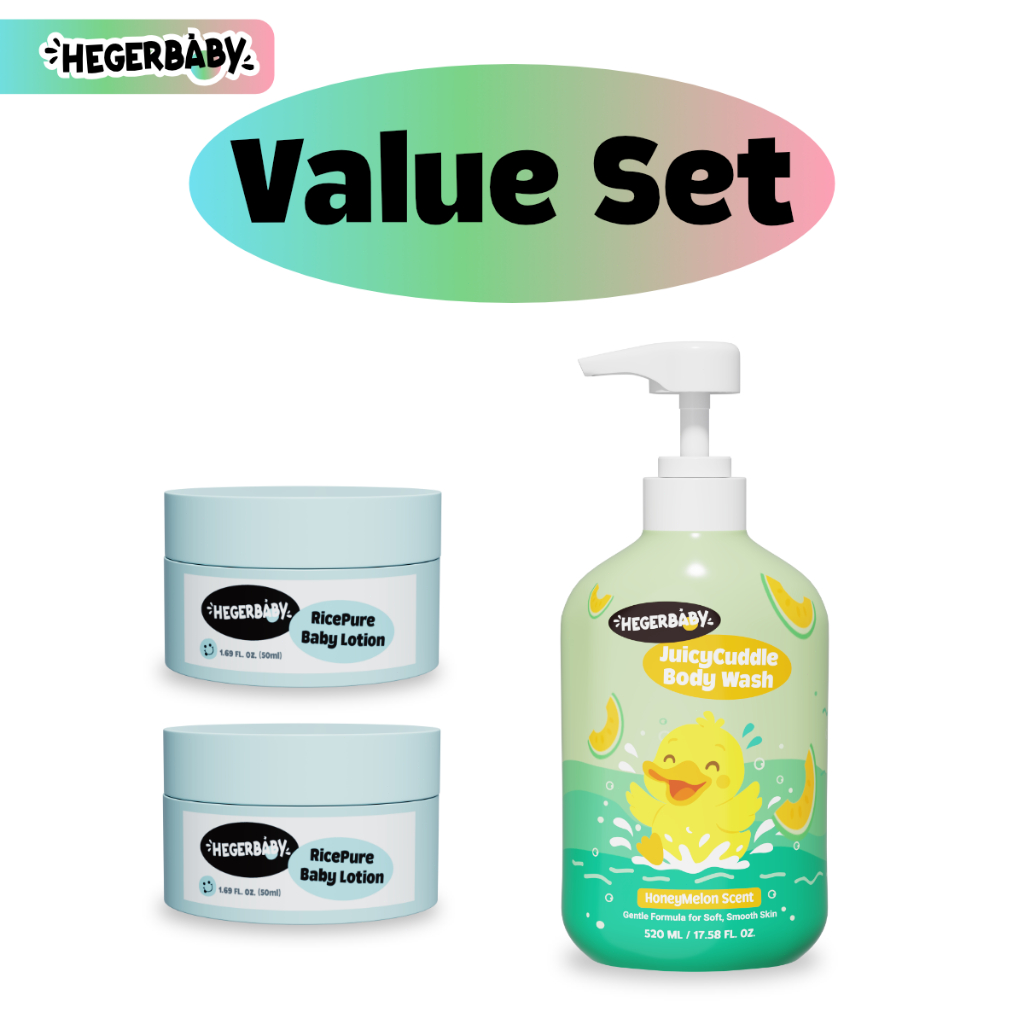 Hegerbaby Body Wash (Cherry & Melon) + Baby Lotion - Soothe Prickly Heat Gently Cleanses Cares Kids