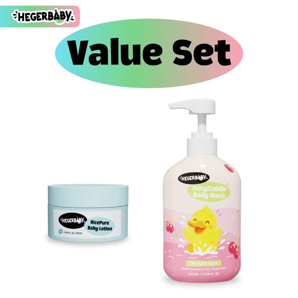 Hegerbaby Body Wash (Cherry & Melon) + Baby Lotion - Soothe Prickly Heat Gently Cleanses Cares Kids
