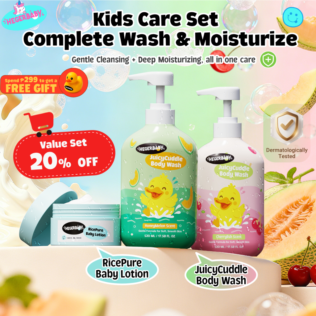 Hegerbaby Body Wash (Cherry & Melon) + Baby Lotion - Soothe Prickly Heat Gently Cleanses Cares Kids