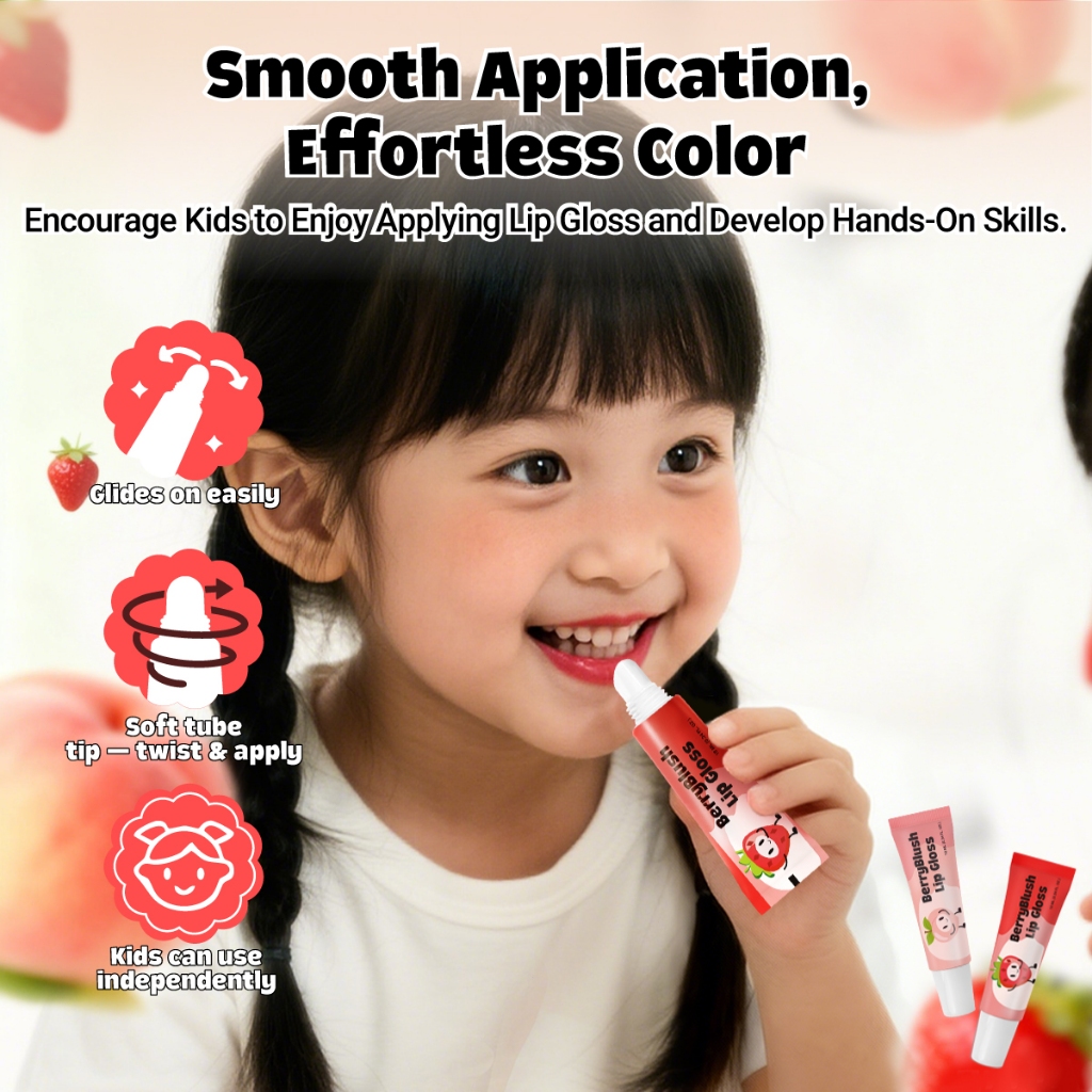 Hegerbaby BerryBlush Lip Gloss - Strawberry Peach Flavor Makeup Lipstick Gentle for Kids Girl Safe