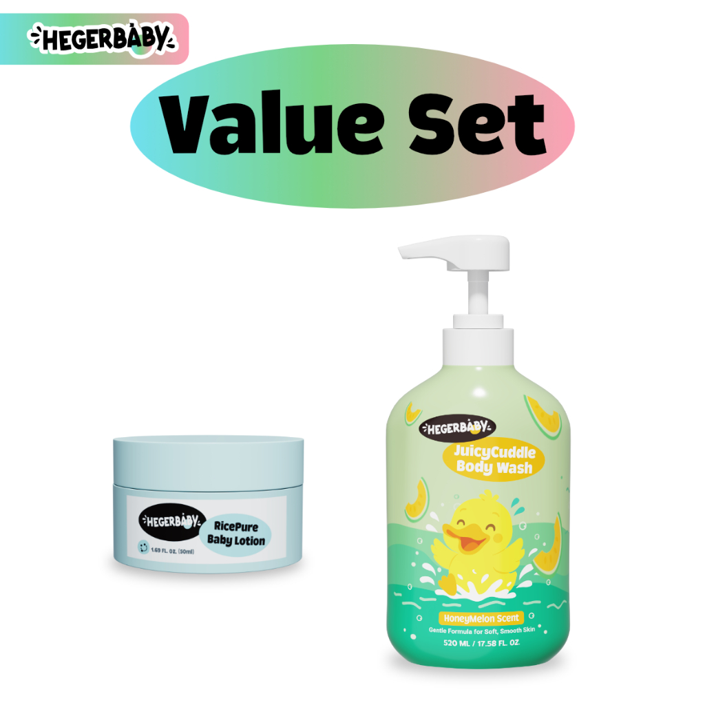 Hegerbaby Body Wash (Cherry & Melon) + Baby Lotion - Soothe Prickly Heat Gently Cleanses Cares Kids