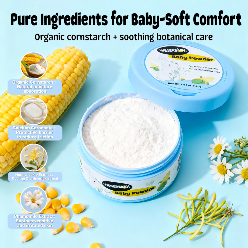 Hegerbaby Baby Powder - Pure Organic Plant Drying Refreshing Relieves Prickly Heat Cares Skin 140g