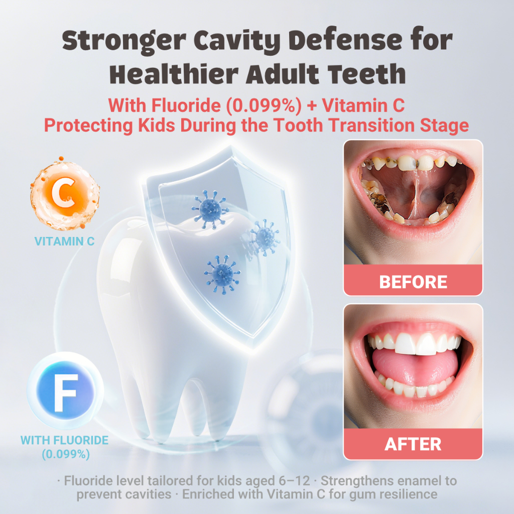 Hegerbaby JuniorTeeth Defender Toothpaste – Fluoride Vitamin C Anti-Yellow For Kids 6-12 Bubble Gum