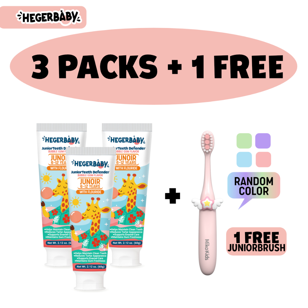Hegerbaby JuniorTeeth Defender Toothpaste – Fluoride Vitamin C Anti-Yellow For Kids 6-12 Bubble Gum