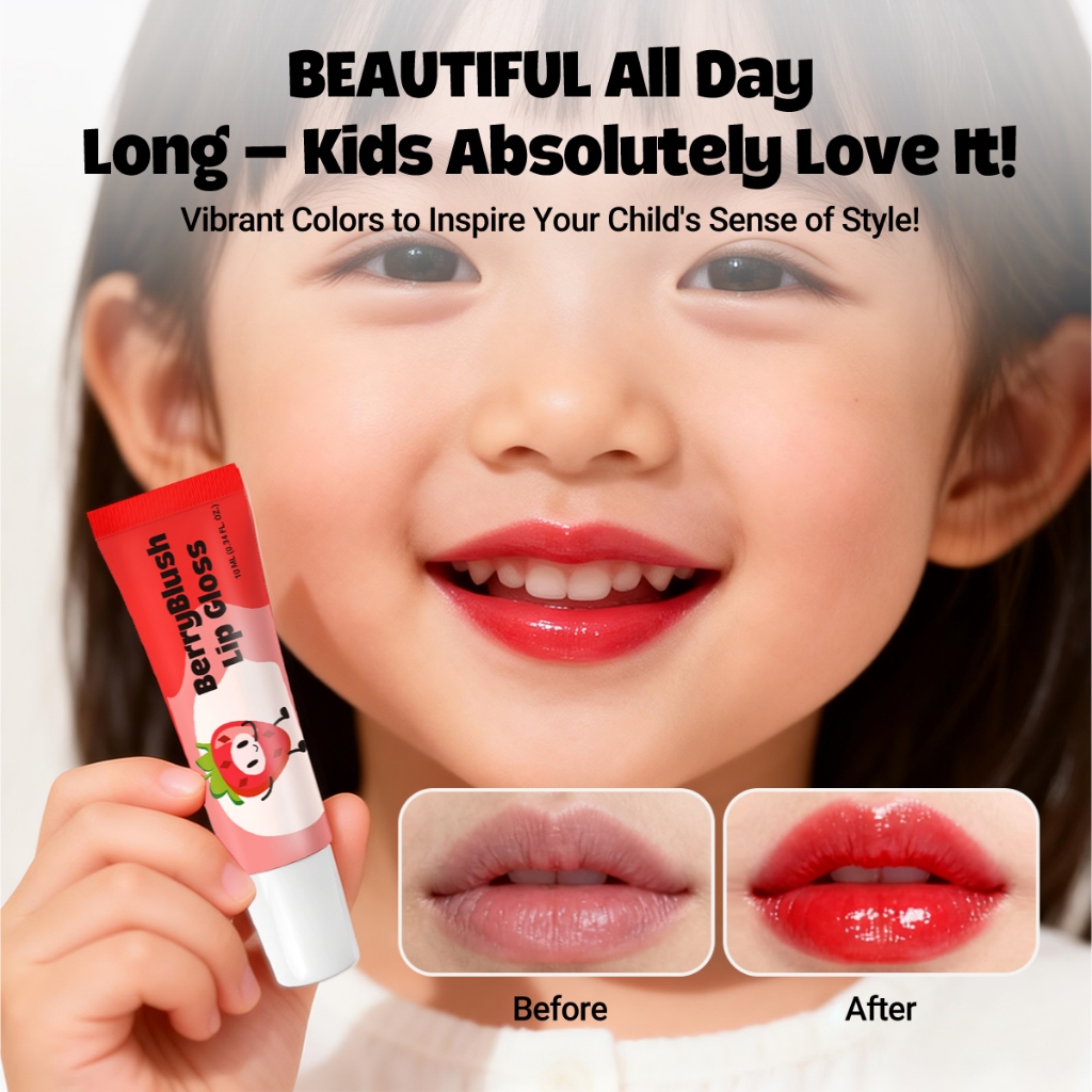 Hegerbaby BerryBlush Lip Gloss - Strawberry Peach Flavor Makeup Lipstick Gentle for Kids Girl Safe