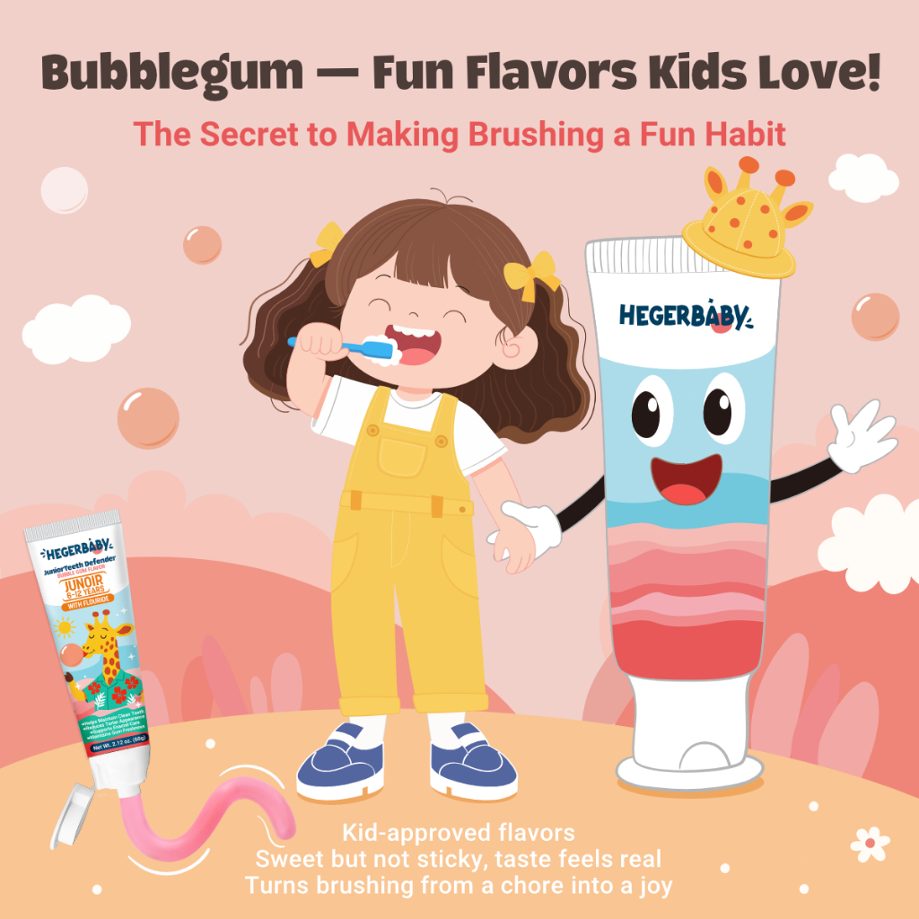 Hegerbaby JuniorTeeth Defender Toothpaste – Fluoride Vitamin C Anti-Yellow For Kids 6-12 Bubble Gum