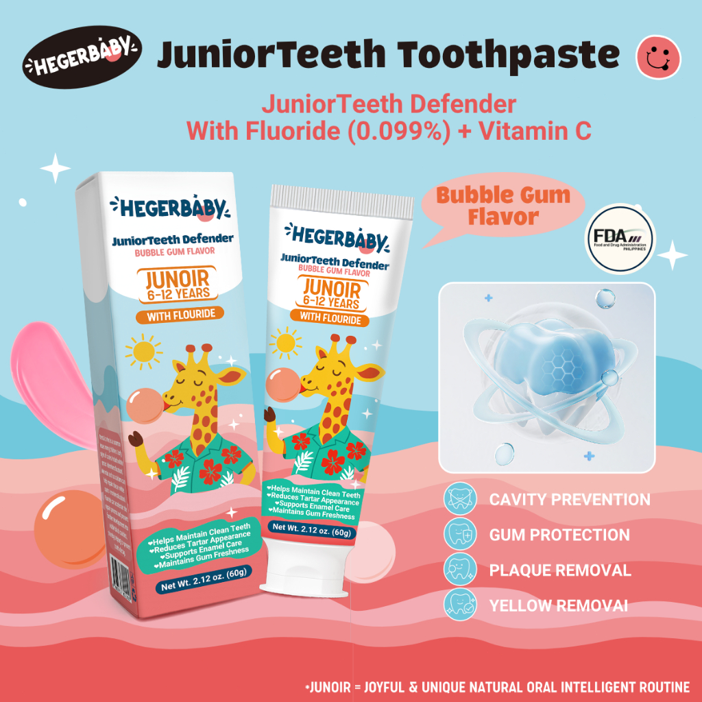 Hegerbaby JuniorTeeth Defender Toothpaste – Fluoride Vitamin C Anti-Yellow For Kids 6-12 Bubble Gum