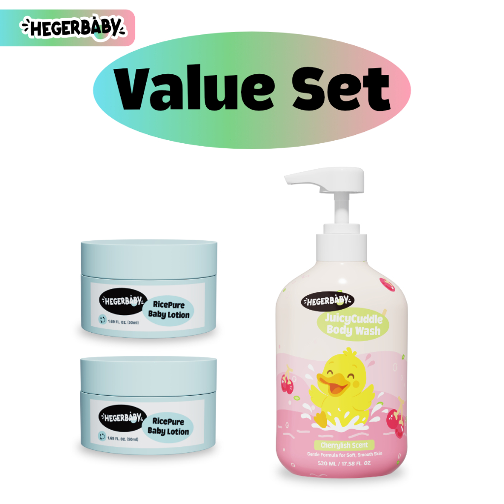 Hegerbaby Body Wash (Cherry & Melon) + Baby Lotion - Soothe Prickly Heat Gently Cleanses Cares Kids