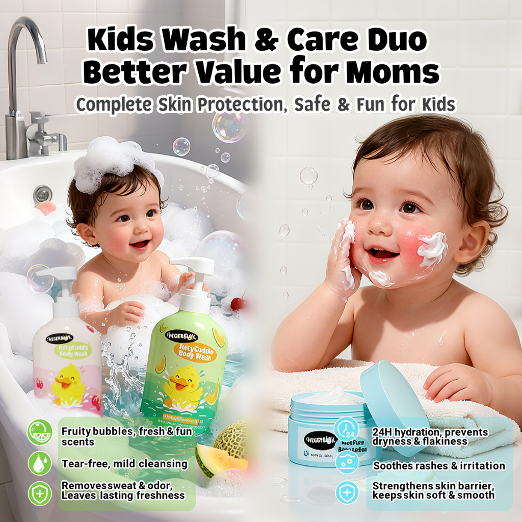 Hegerbaby Body Wash (Cherry & Melon) + Baby Lotion - Soothe Prickly Heat Gently Cleanses Cares Kids
