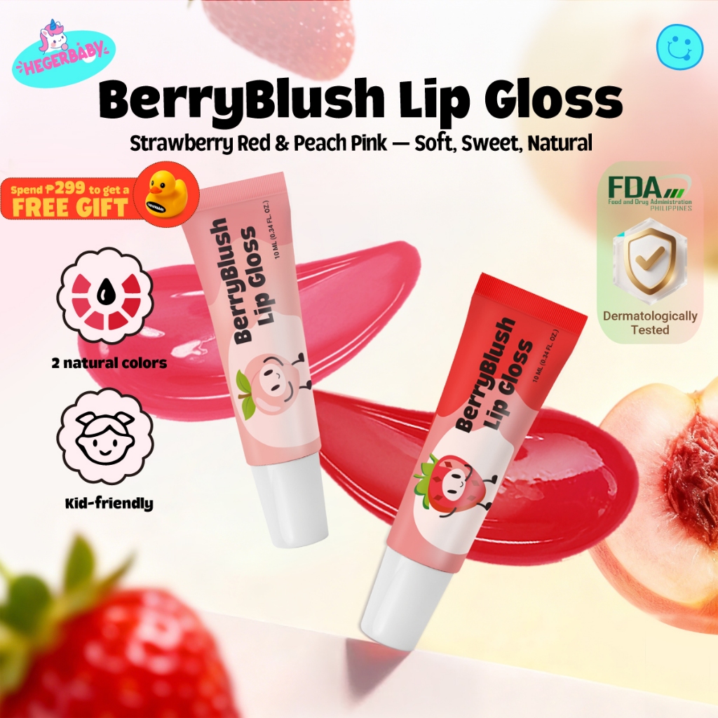 Hegerbaby BerryBlush Lip Gloss - Strawberry Peach Flavor Makeup Lipstick Gentle for Kids Girl Safe
