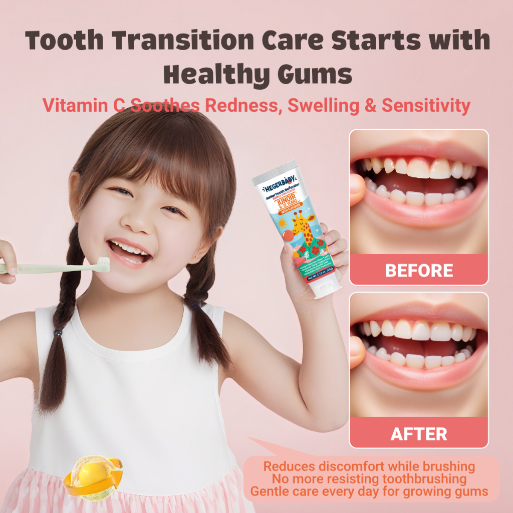 Hegerbaby JuniorTeeth Defender Toothpaste – Fluoride Vitamin C Anti-Yellow For Kids 6-12 Bubble Gum