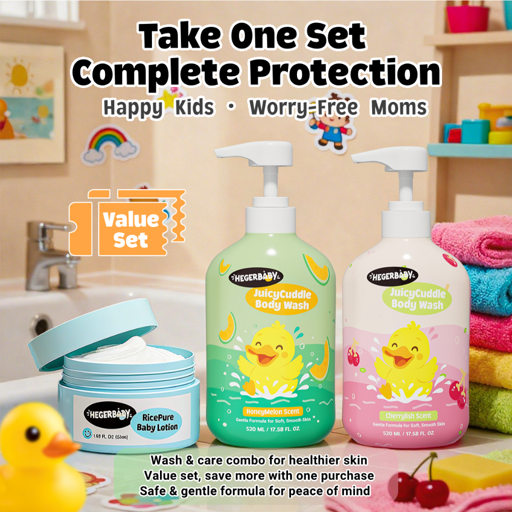 Hegerbaby Body Wash (Cherry & Melon) + Baby Lotion - Soothe Prickly Heat Gently Cleanses Cares Kids