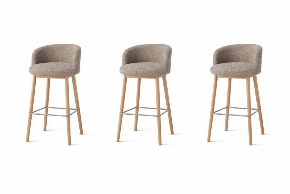 Set of 3 Upholstered Bar Stools with Beech Wood Legs in Beige Fabric