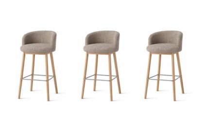 Set of 3 Upholstered Bar Stools with Beech Wood Legs in Beige Fabric