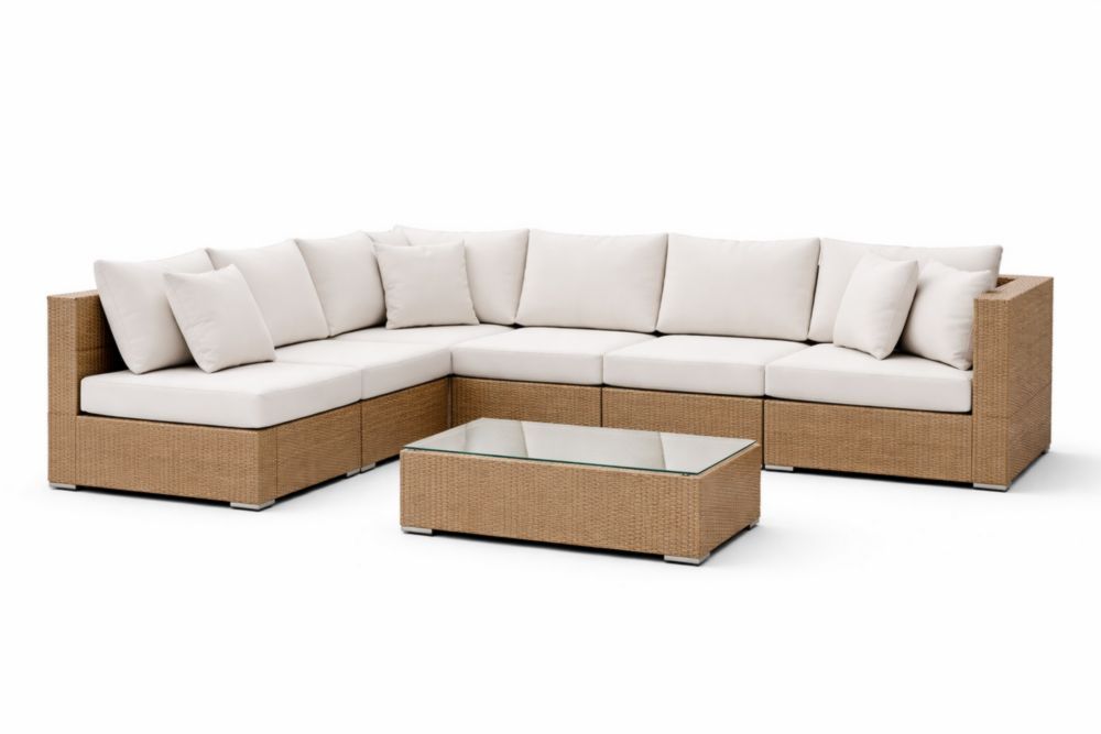 Outdoor Synthetic Wicker Lounge Set with Beige Cushions and Tempered Glass Coffee Table