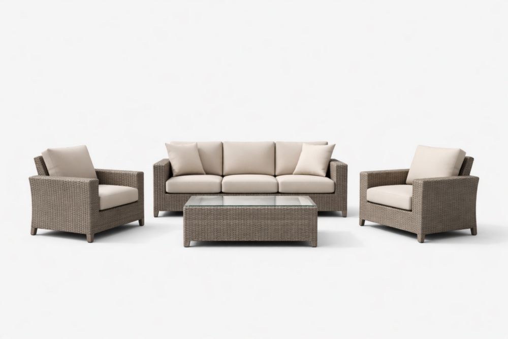 Outdoor Rattan Wicker Lounge Set with Beige Cushions and Glass Coffee Table